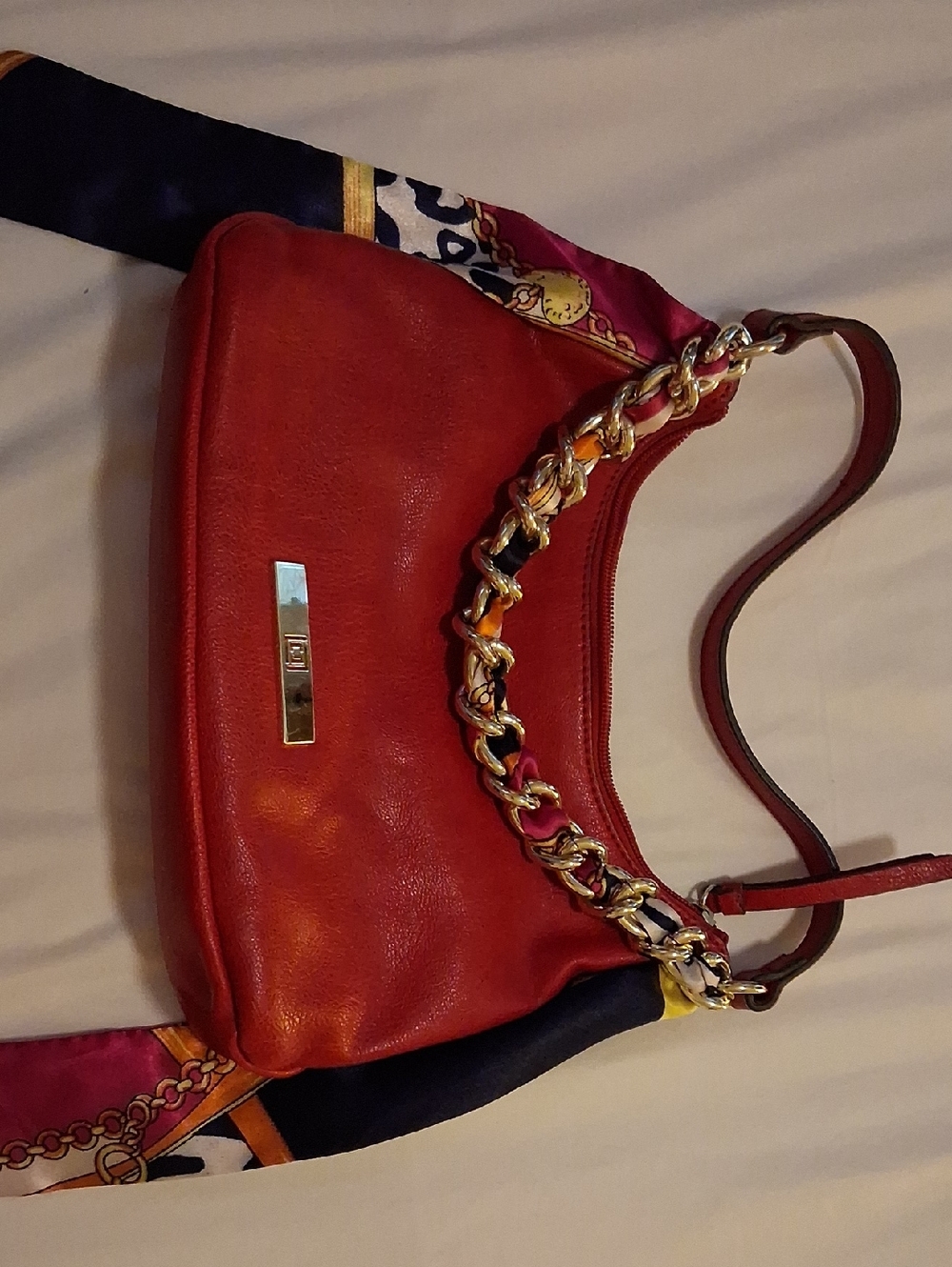 Red Leather Shoulder Bag with Chain Detail